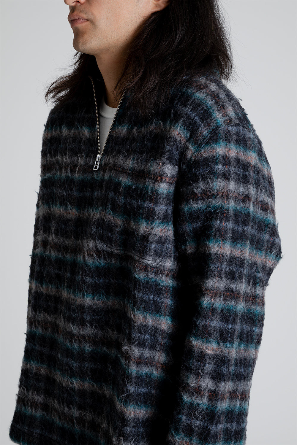 Schnayderman's Half Zip Wool Check in Grey/Blue/Orange