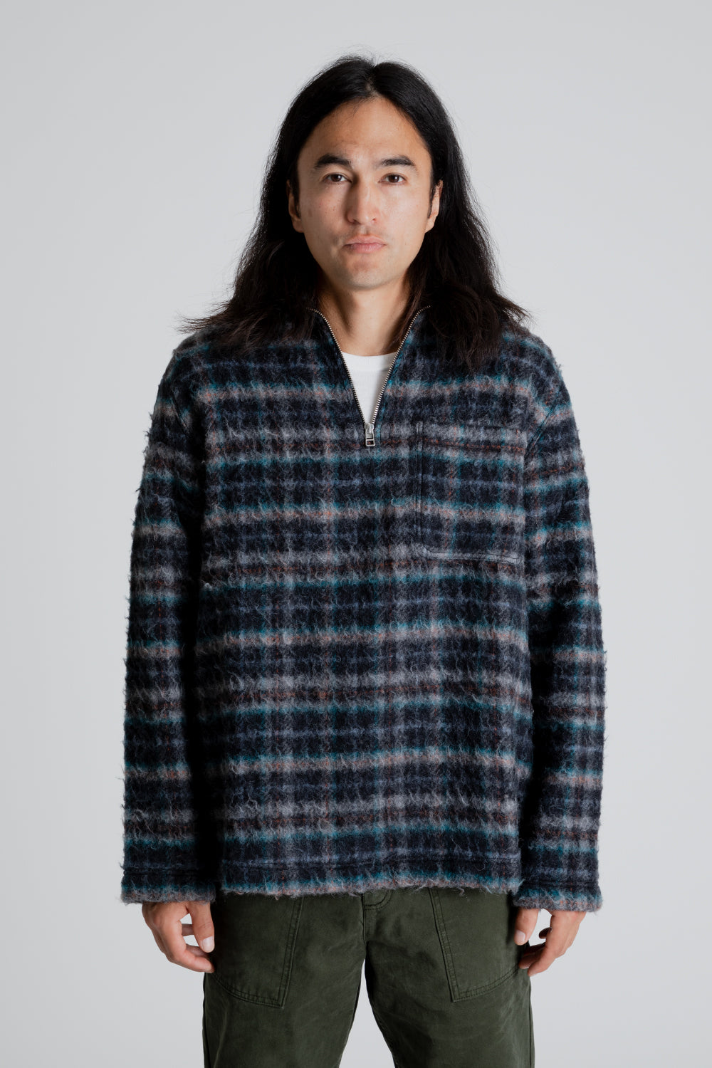 Schnayderman's Half Zip Wool Check in Grey/Blue/Orange