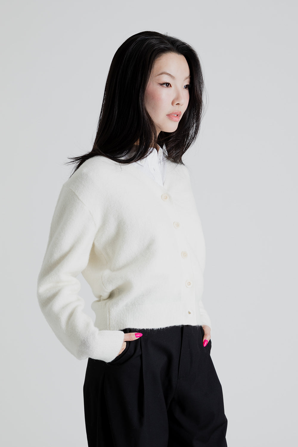 Uniform Bridge Women's V Neck Knit Cardigan in Ivory