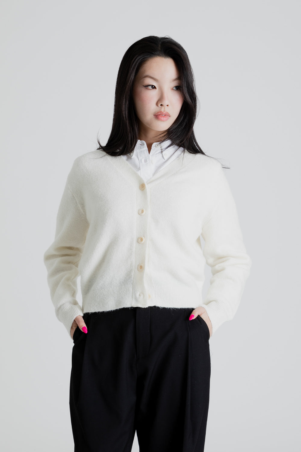 Uniform Bridge Women's V Neck Knit Cardigan in Ivory