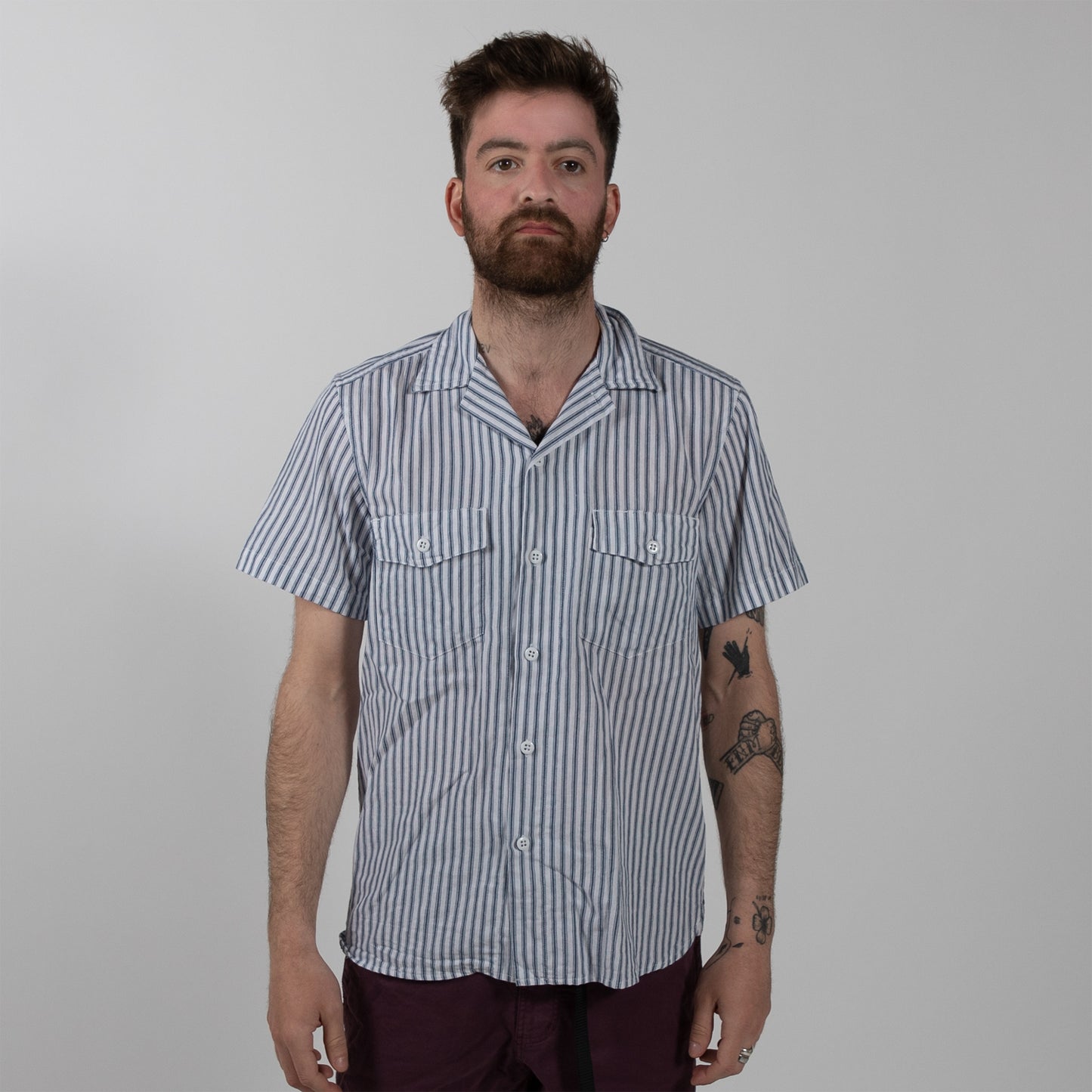 August Fifteenth Detroit Shirt Ticking Stripe Blue Style Front