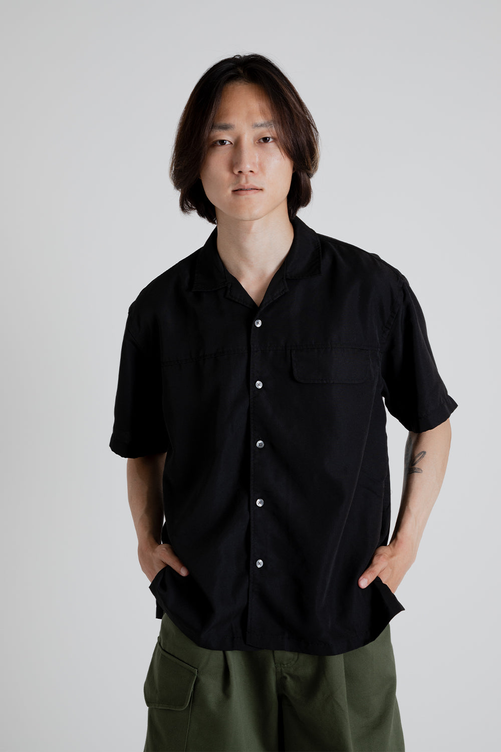 Frizmworks Flap Pocket Open Collar Shirt in Black