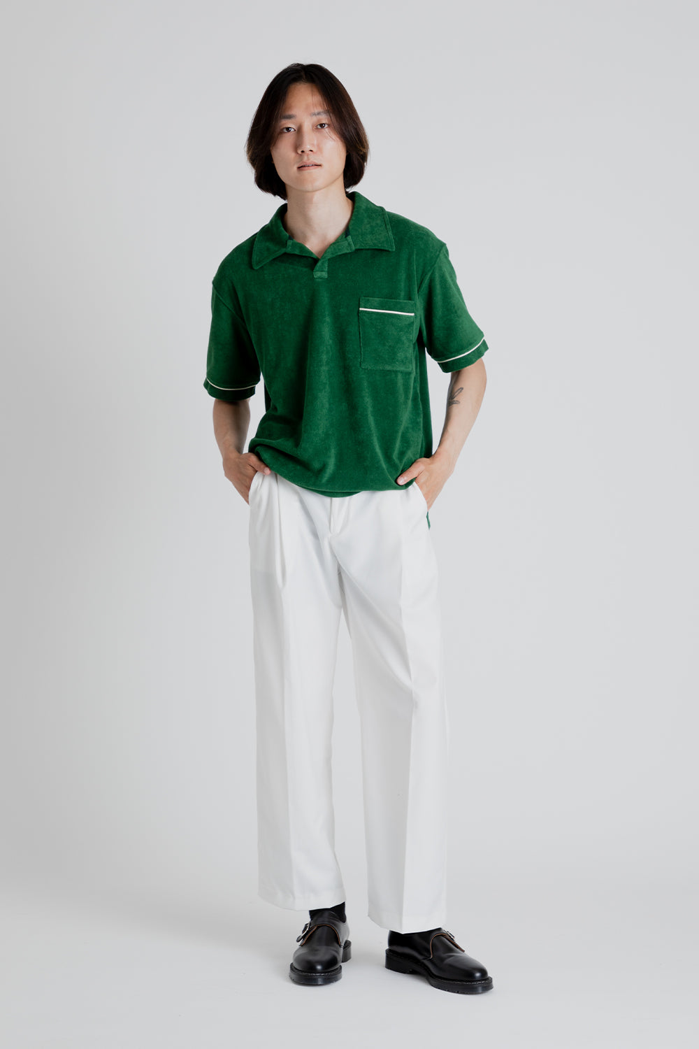 Frizmworks Terry Open Collar Shirt in Forest Green