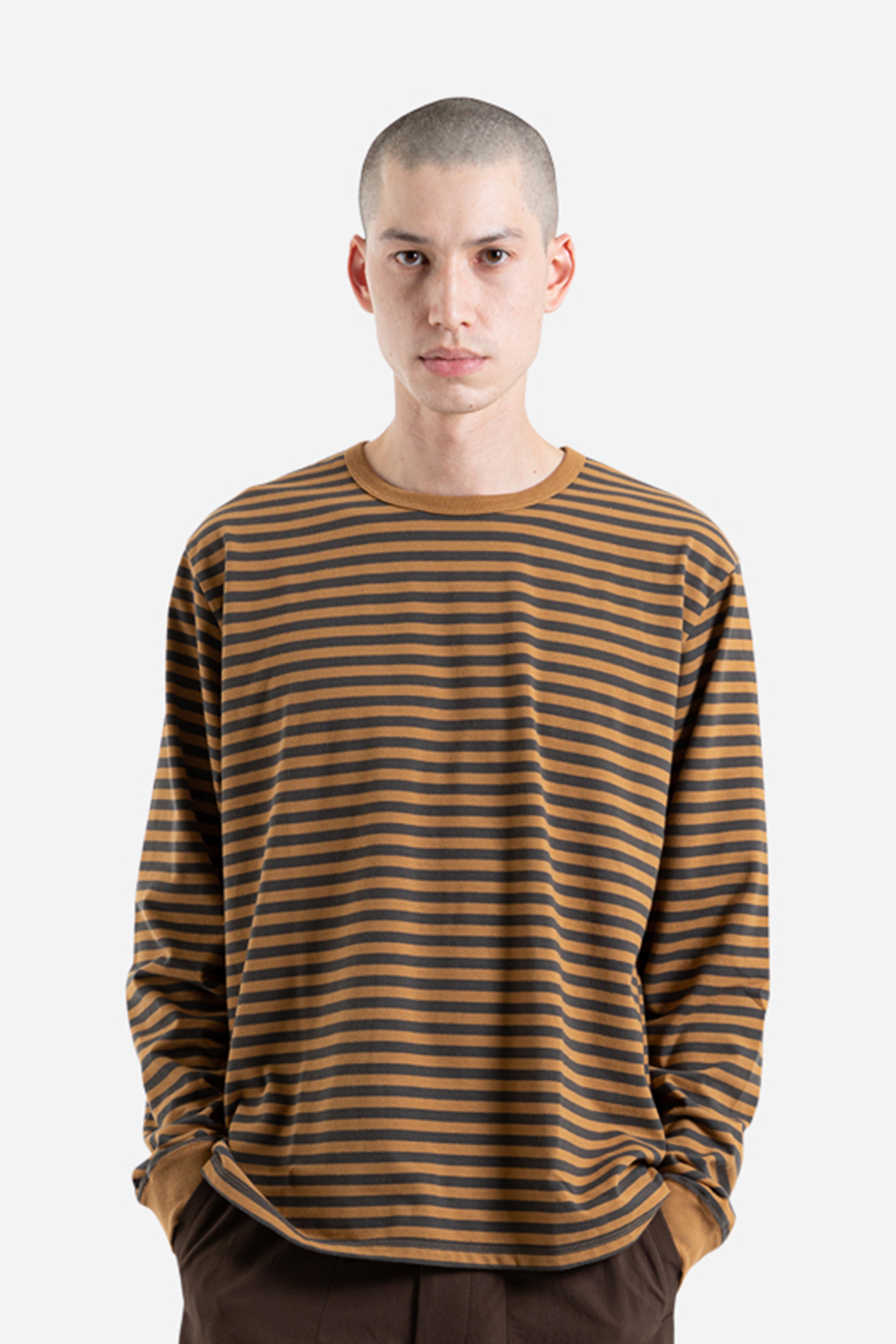 Nanamica Coolmax Striped Jersey LS in Brown and Charcoal