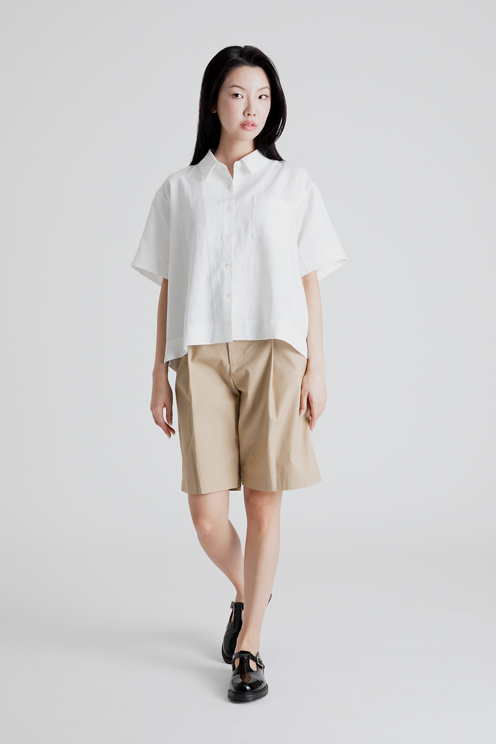 Uniform Bridge Women's One Tuck Half Chino Pants in Beige