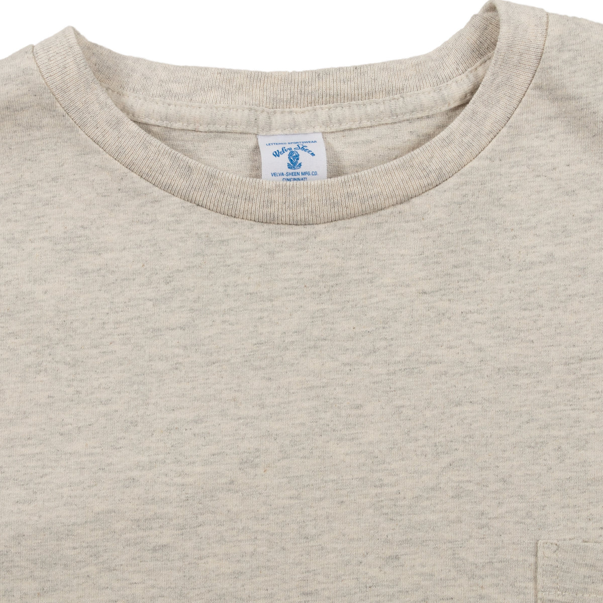 velva sheen tubular long sleeve crewneck tee with pocket oatmeal collar detail
