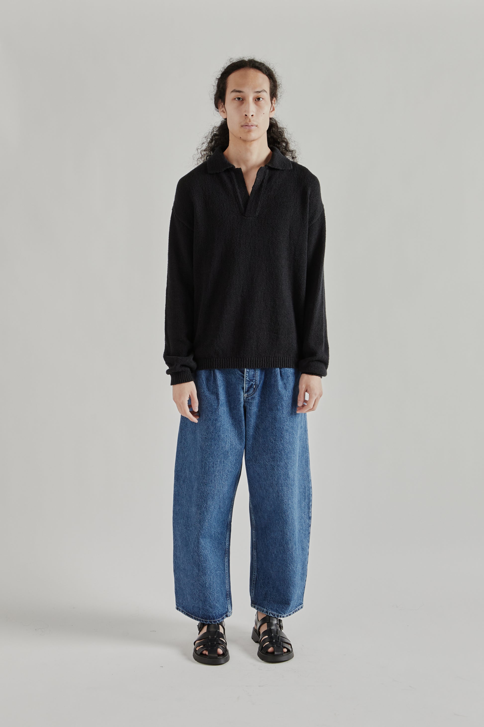 A Kind Of Guise SS26 Marabou Knit Polo Black Cotton Boucle0872