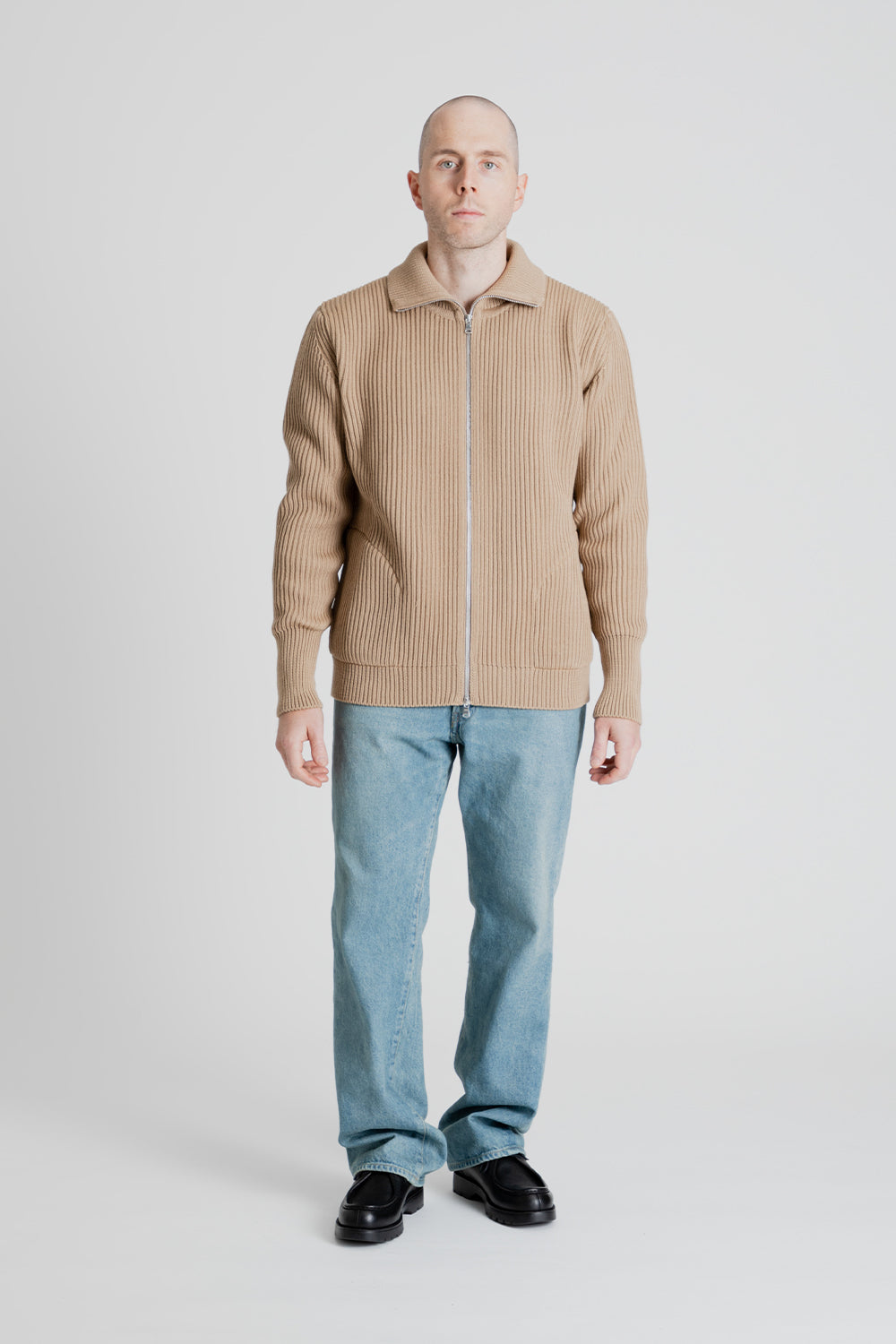 Andersen-Andersen Navy Full Zip with Pockets in Camel | Wallace