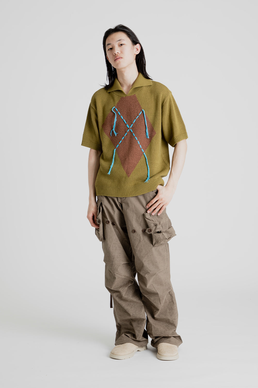 Andersson Bell London Argyle Jacquared Short Sleeve Polo Knit in Khaki