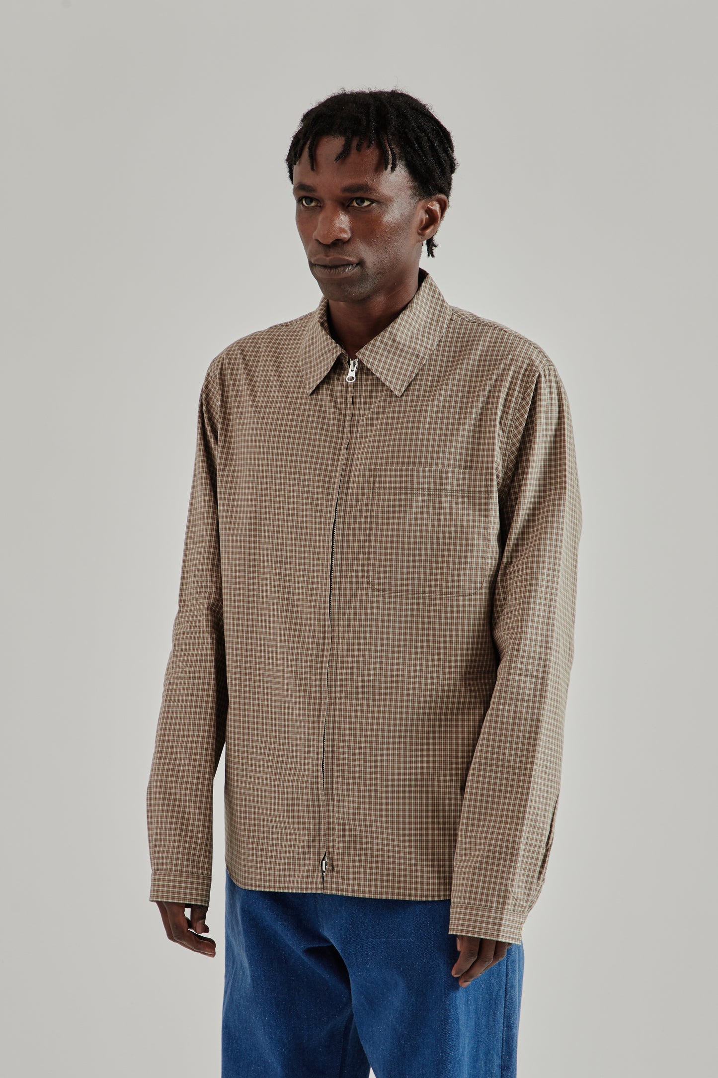 Another Aspect SS26 Another Zip Shirt 1.0 JPN Khaki Brown Check1361