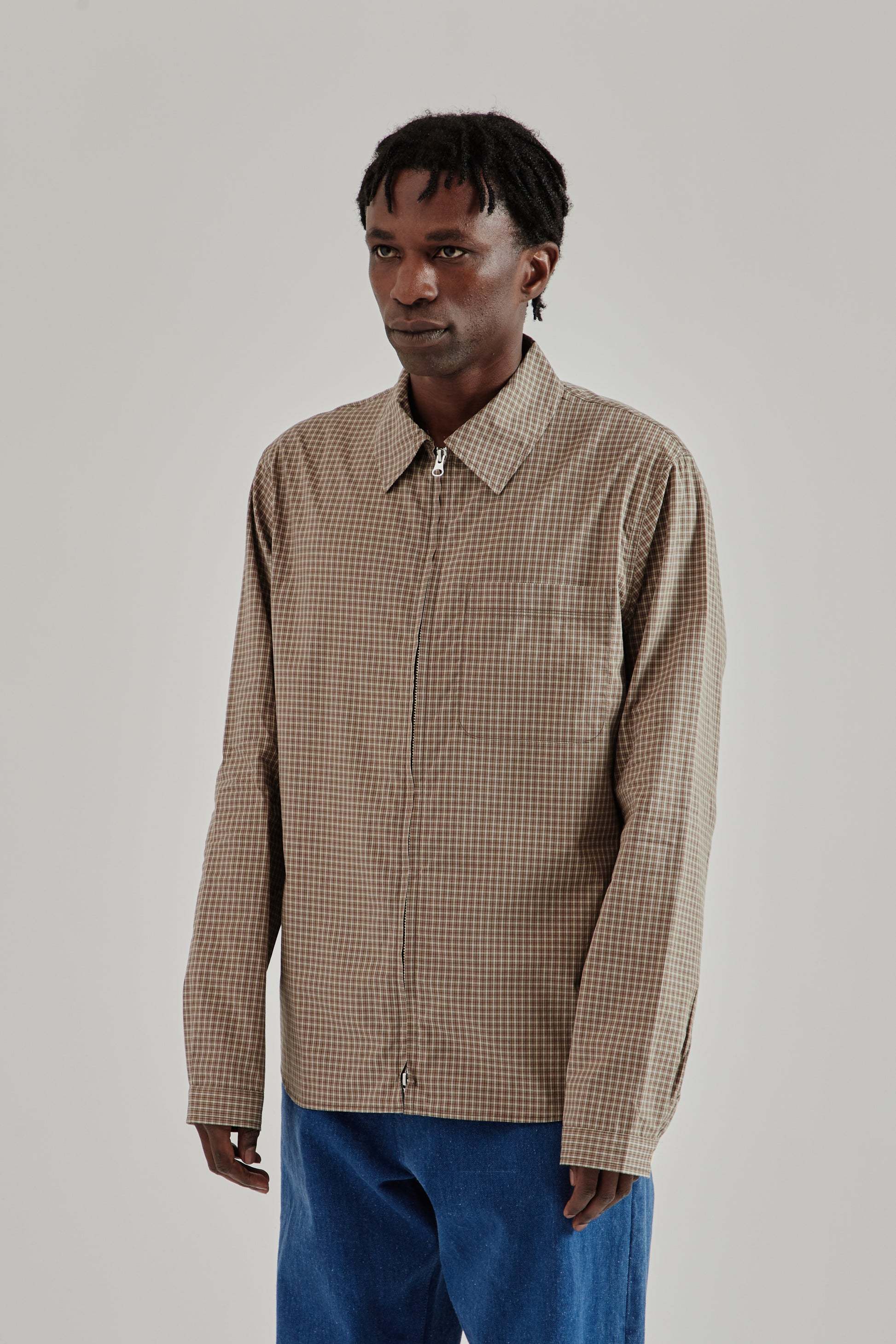Another Aspect SS26 Another Zip Shirt 1.0 JPN Khaki Brown Check1361