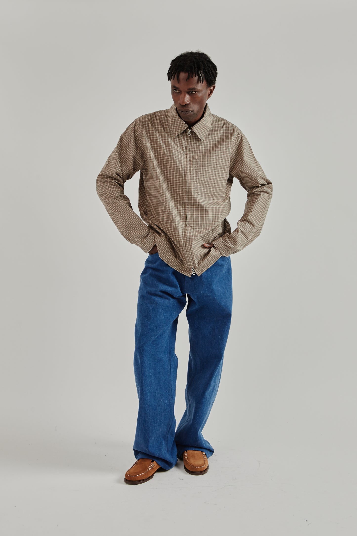 Another Aspect SS26 Another Zip Shirt 1.0 JPN Khaki Brown Check1377
