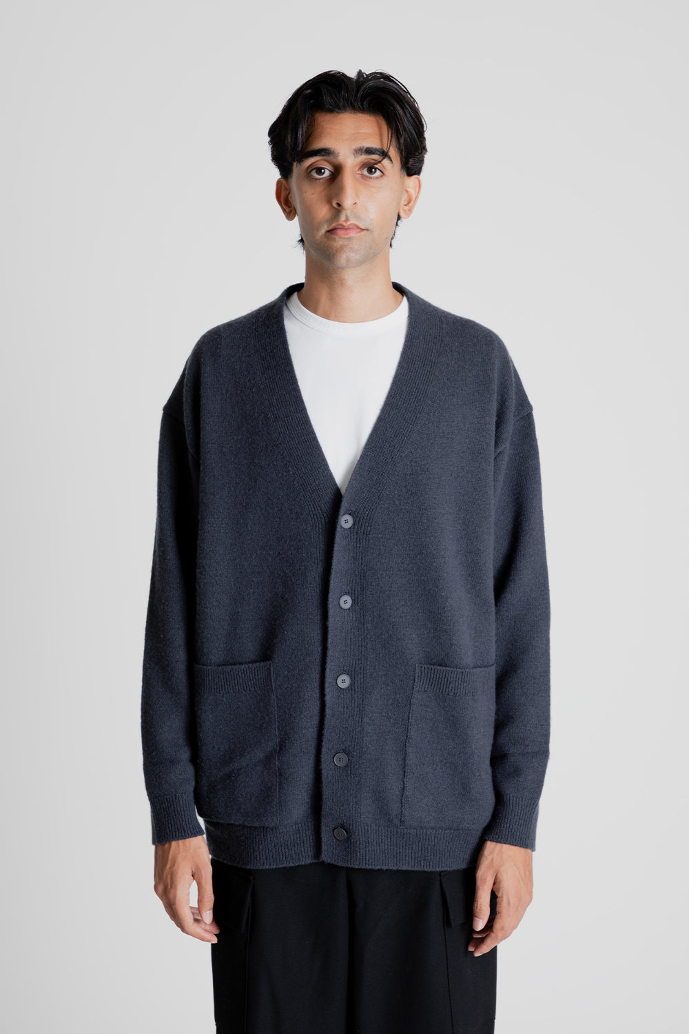 Wool Cotton Brushed Oversized Cardigan - Charcoal Grey