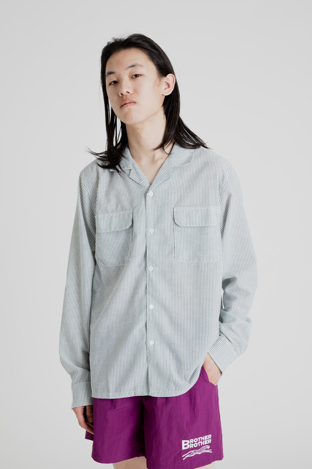 Brother Brother LS Seersucker Camp Collar in Grey Stripe