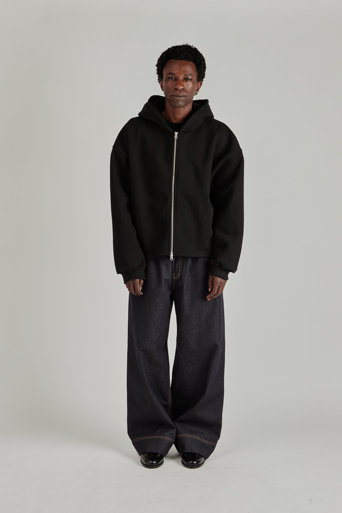 Boxy Zip-Up Hoodie - Black