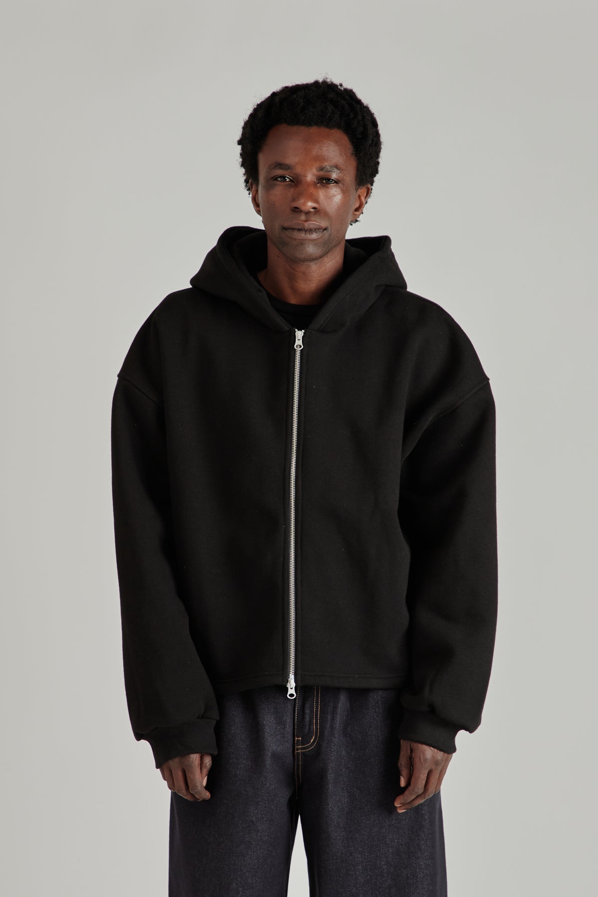 Boxy Zip-Up Hoodie - Black