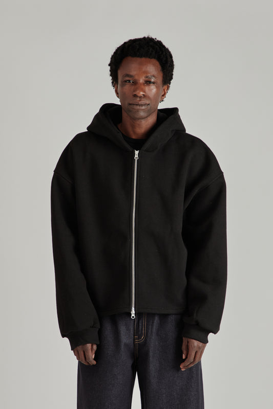 Boxy Zip-Up Hoodie - Black