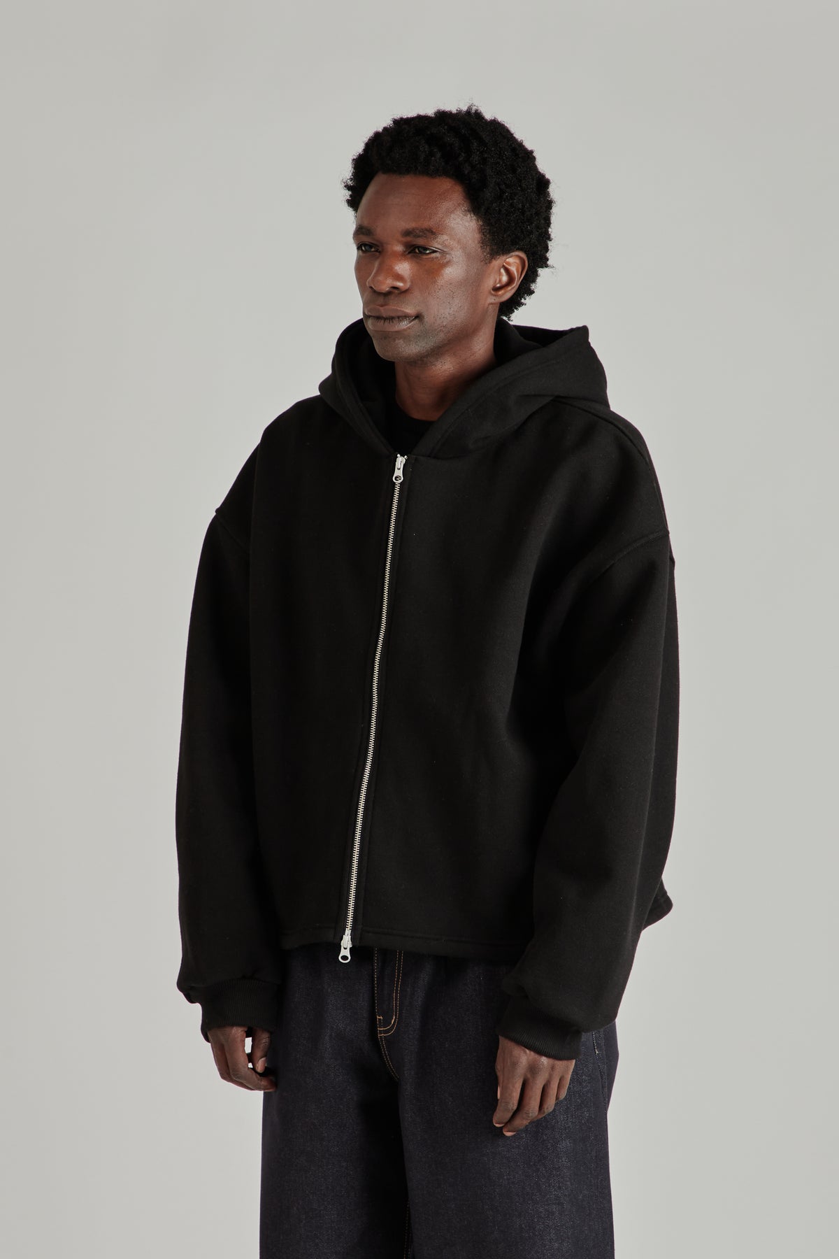 Boxy Zip-Up Hoodie - Black