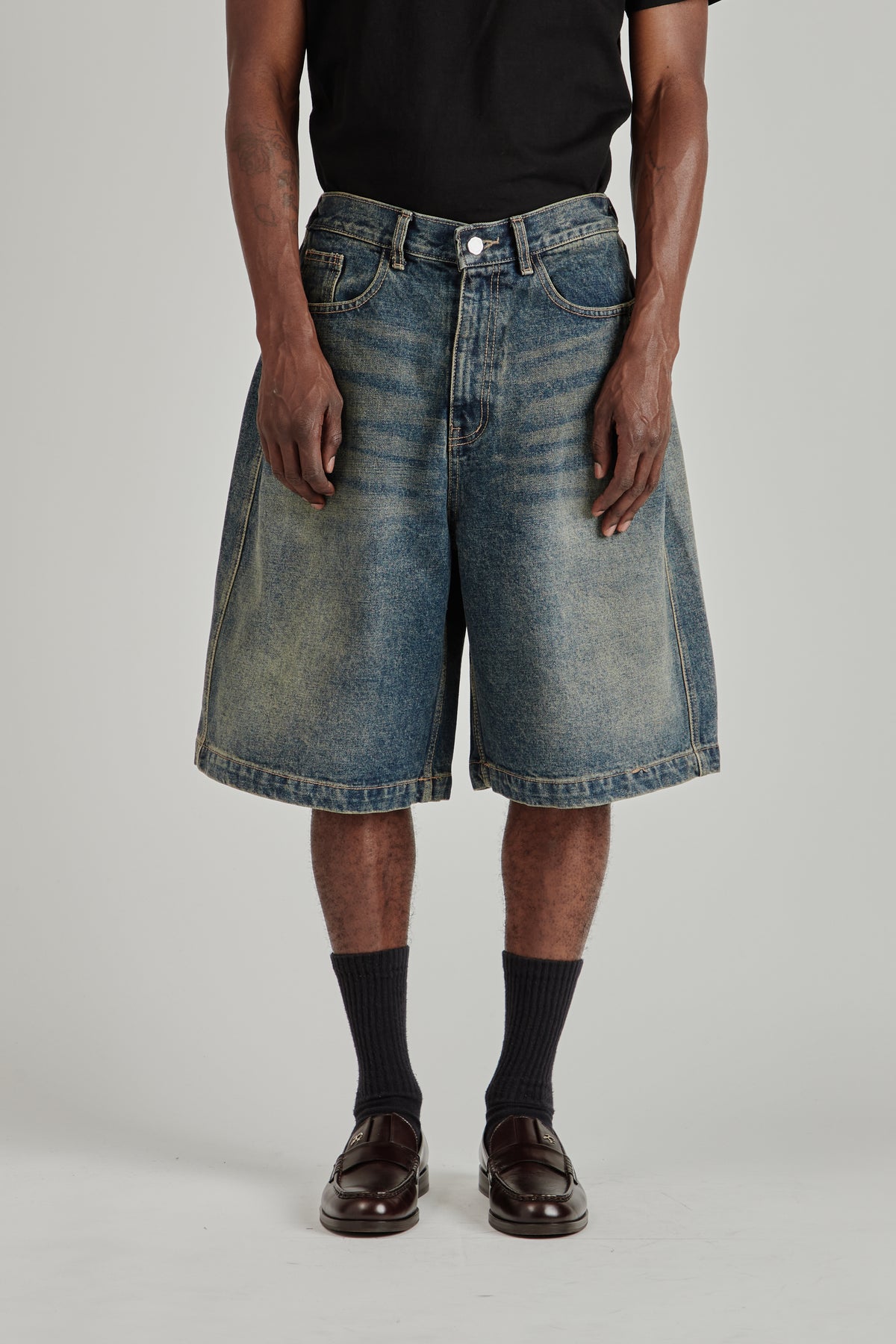 Half Dart Denim Shorts - Dark Blue