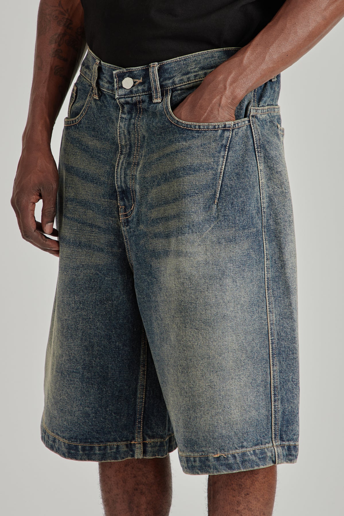Half Dart Denim Shorts - Dark Blue