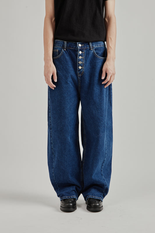 Side-Pleat Big Jeans - Blue