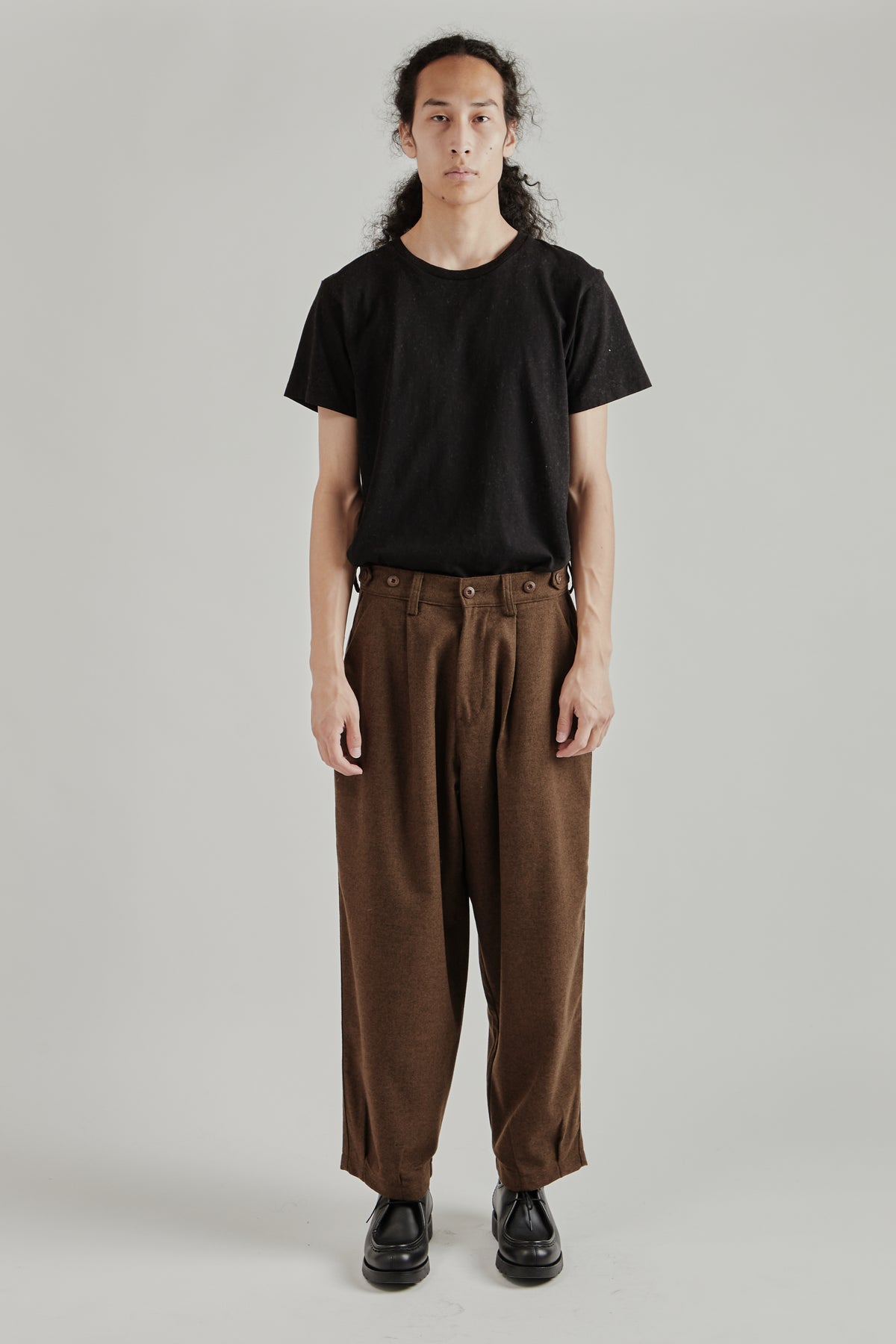 Side-button Wool Trousers - Brown