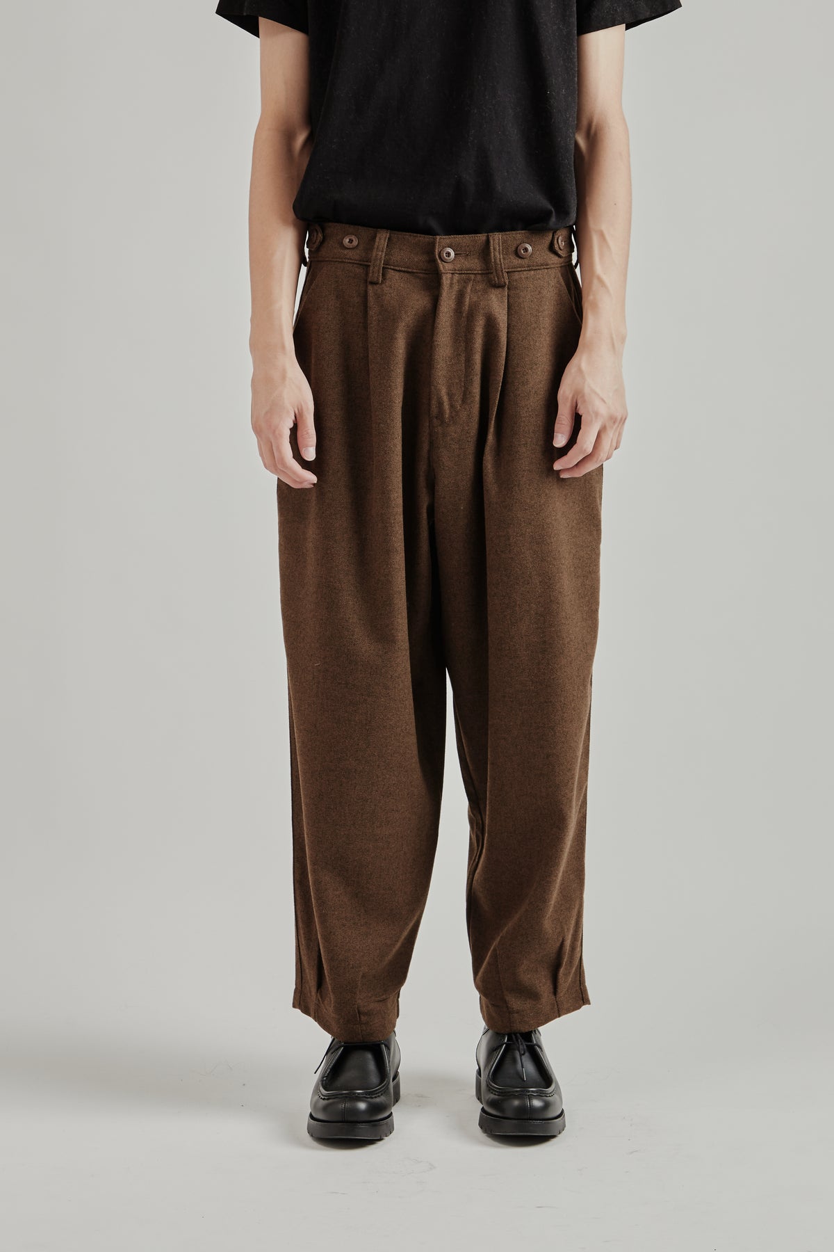 Side-button Wool Trousers - Brown