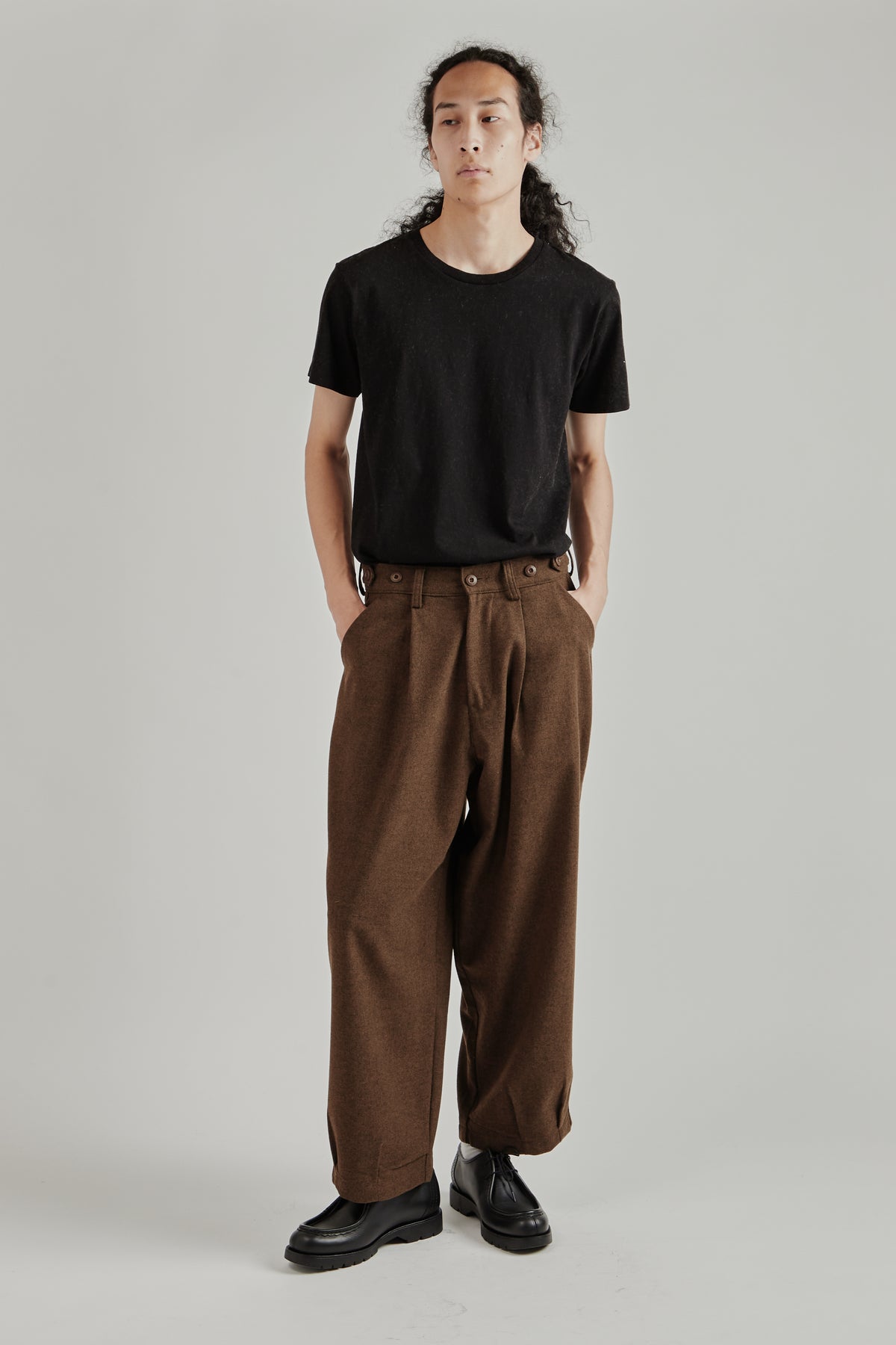 Side-button Wool Trousers - Brown