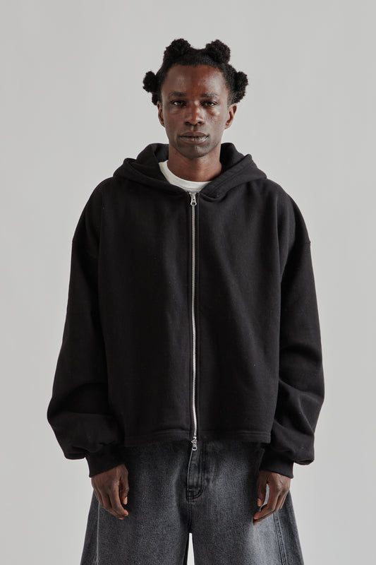 Boxy Zip-Up Hoodie - Black