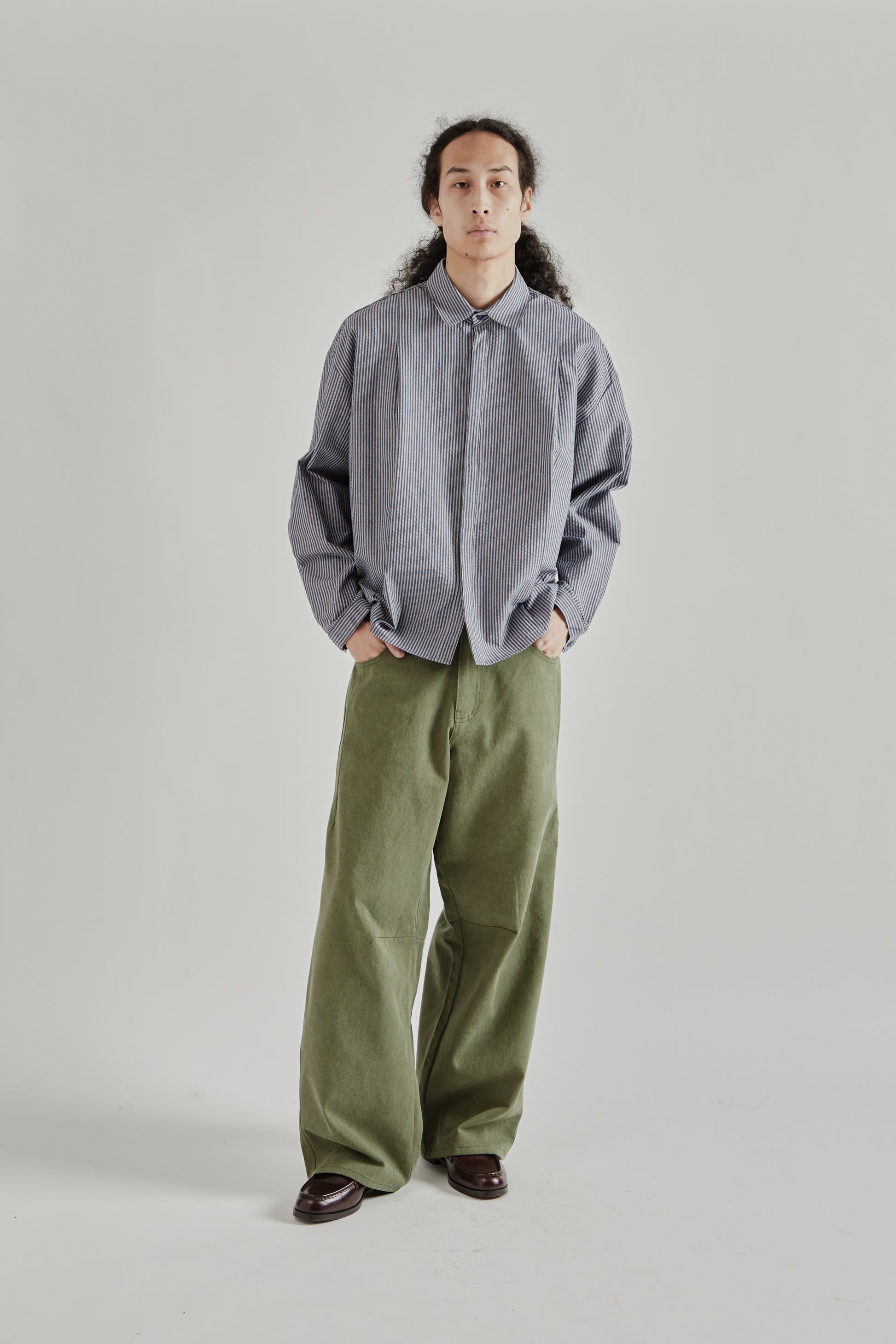 Estudio Niksen SS26 Boxy Pleated Shirt Navy Stripe1004