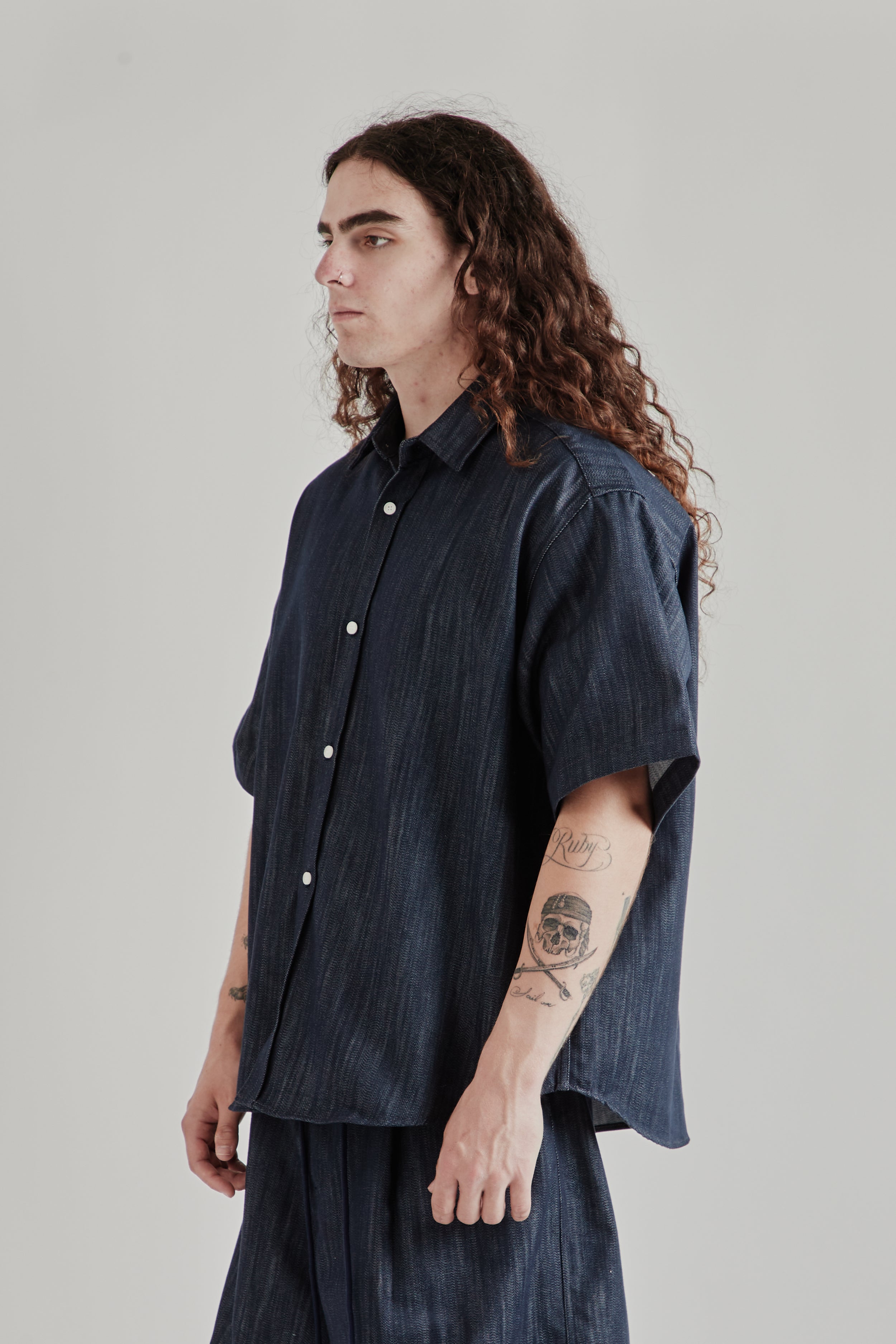 トップス RHC Indigo Black Watch Shirts Estudio Niksen Short Sleeve Wide Shirt - Indigo | Wallace