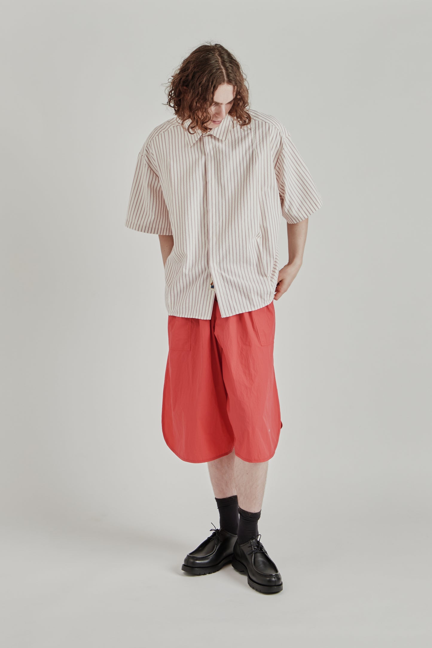 Shortsleeve Pleated Shirt - Red Stripes