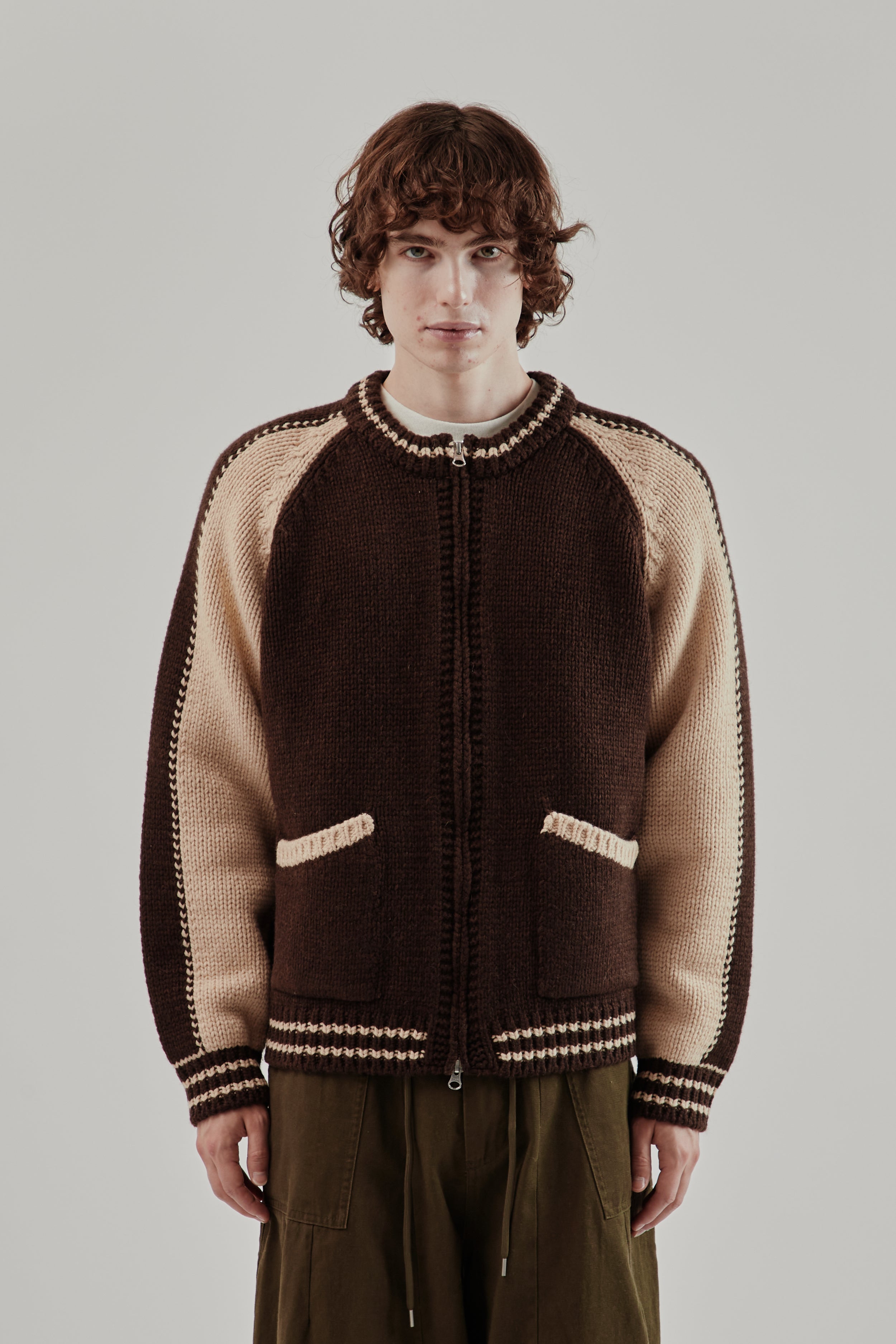 ふく Frizmworks Wool Varsity Zipup Cardigan - Brown | Wallace