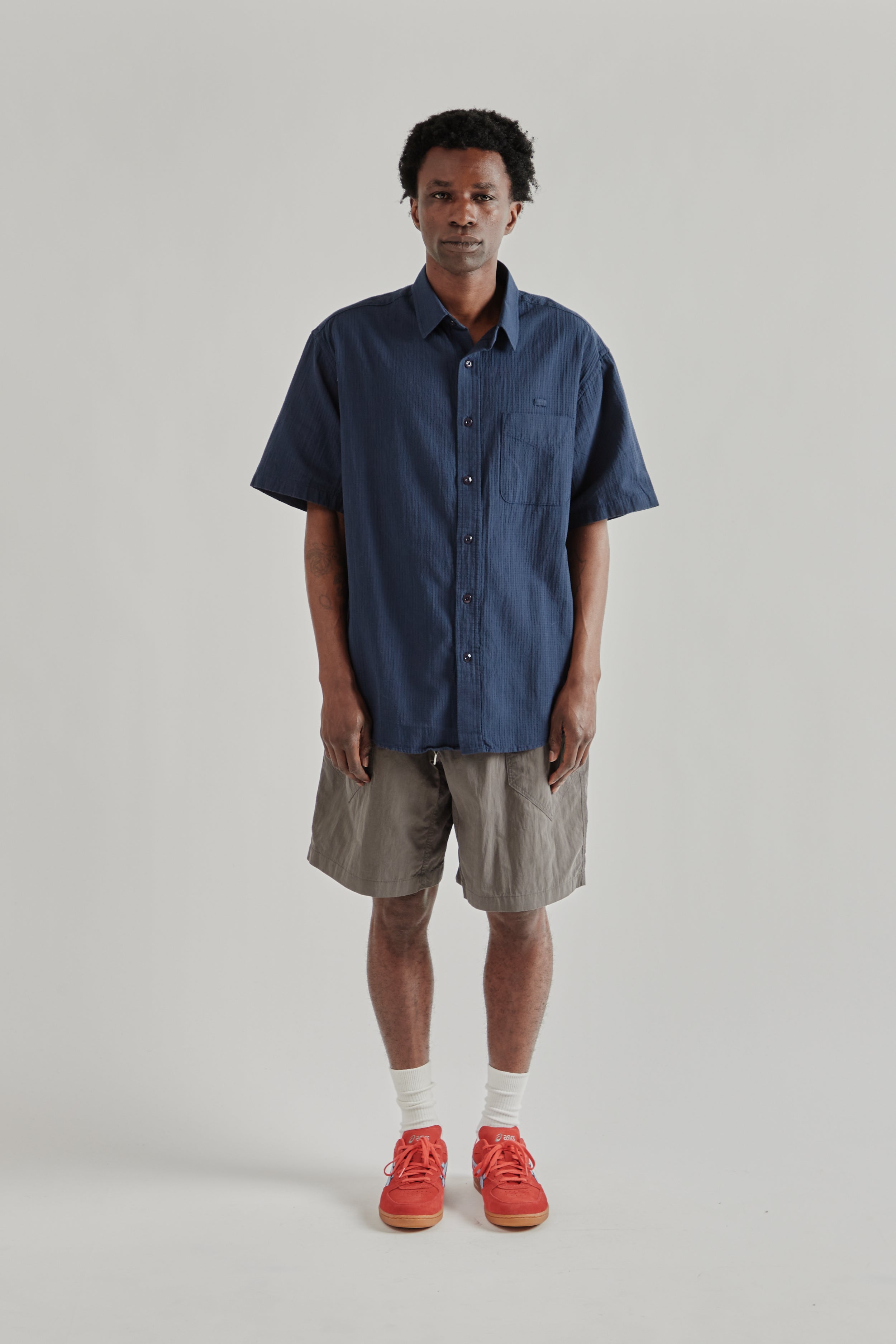 OHGA DOBBY BLOUSE ネイビー 完売品 Frizmworks OG Dobby Weave Seersucker Half Shirt - Navy | Wallace