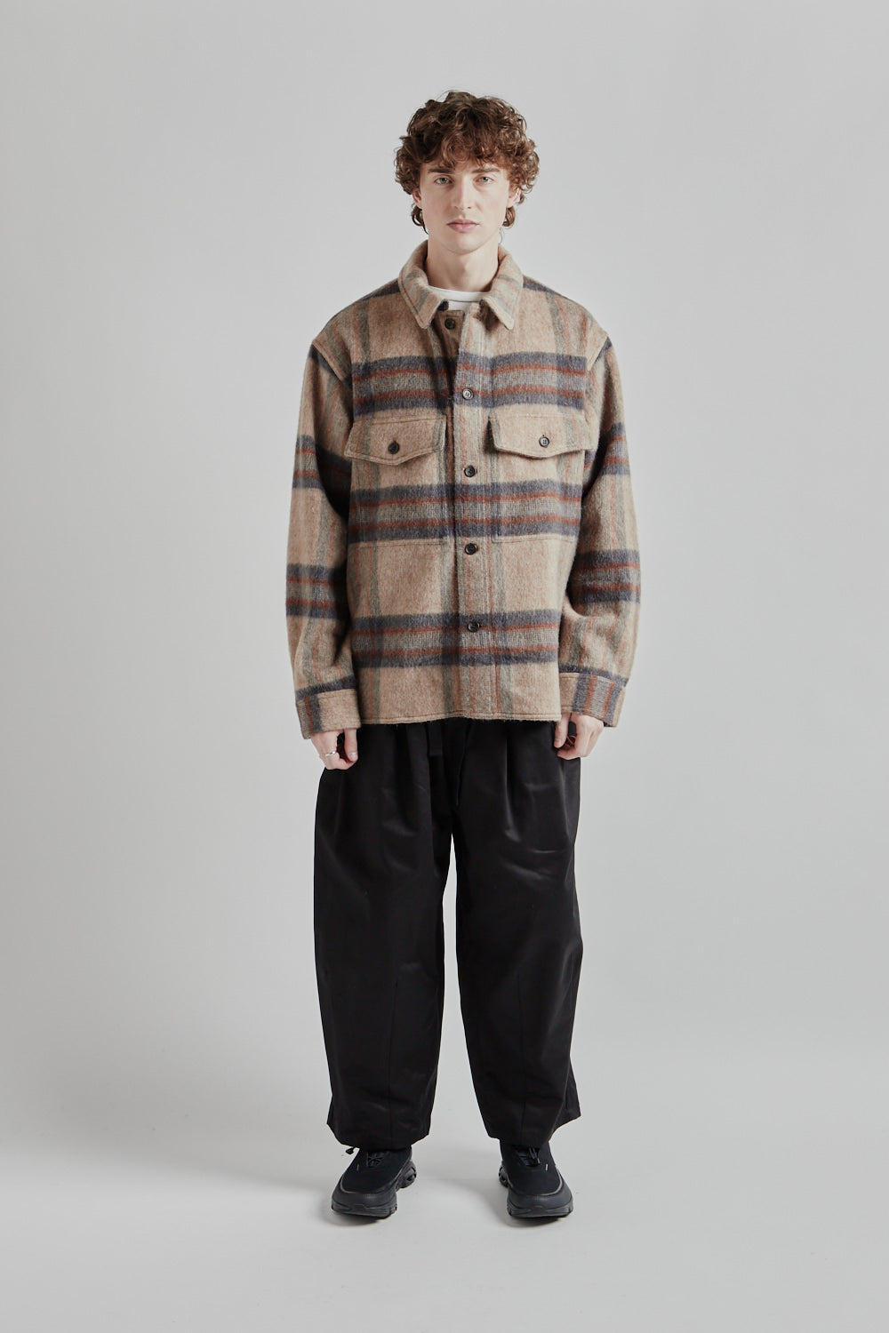 is-ness Mohair Shirt Jacket - Brown Check | Wallace