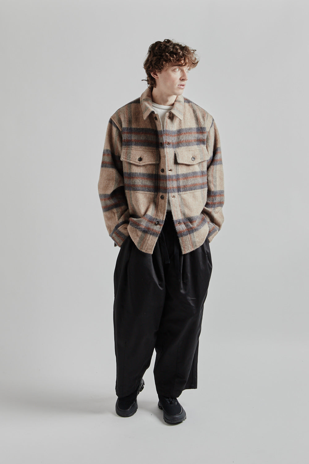 is-ness Mohair Shirt Jacket - Brown Check | Wallace Mercantile Shop