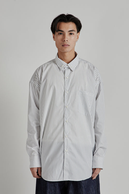 Is-ness Nu Venti Long Shirt White Navy Stripe 1