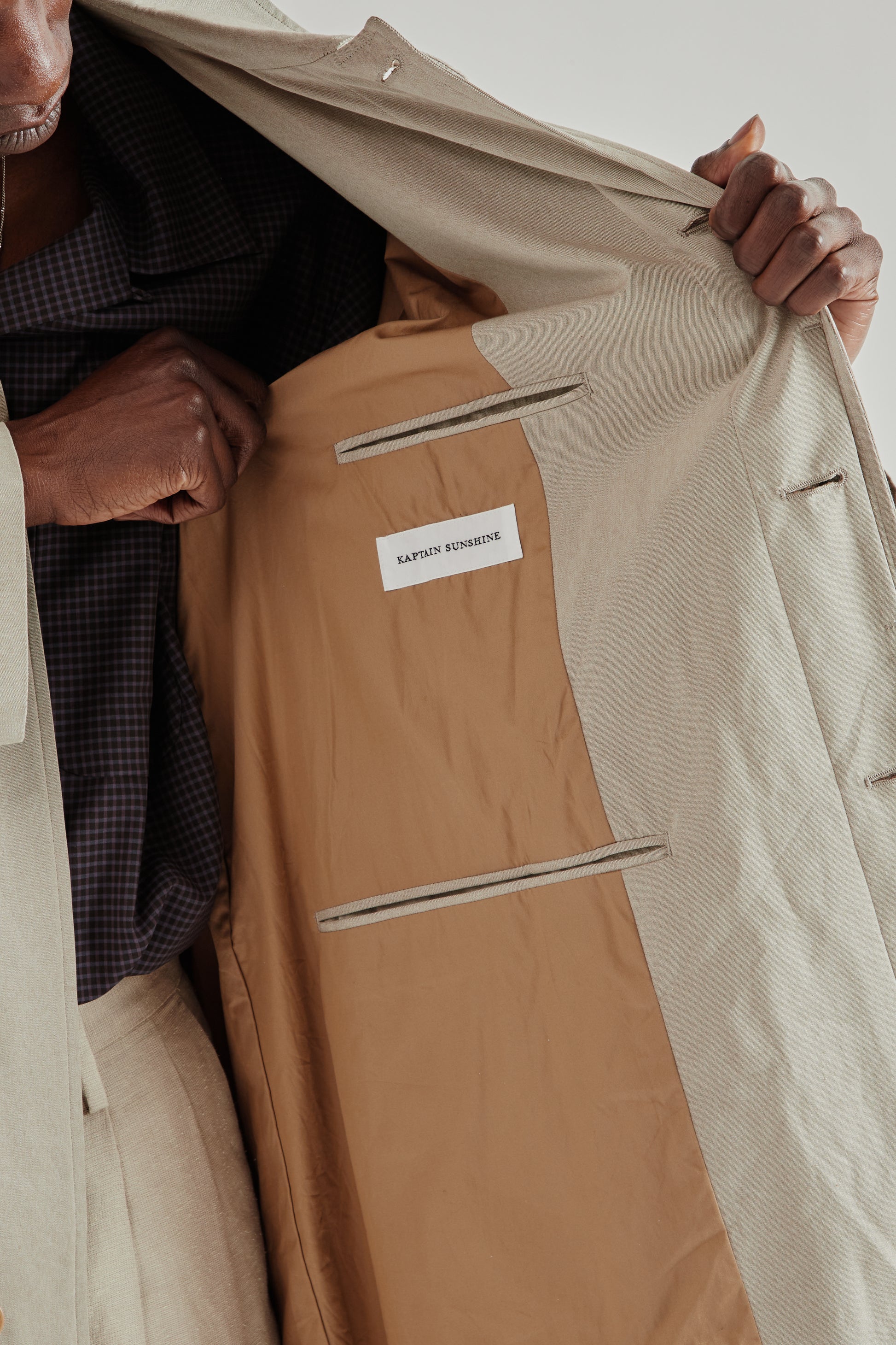 Kaptain Sunshine SS26 Cotton Covert Gabardine Walker Coat Taupe 11