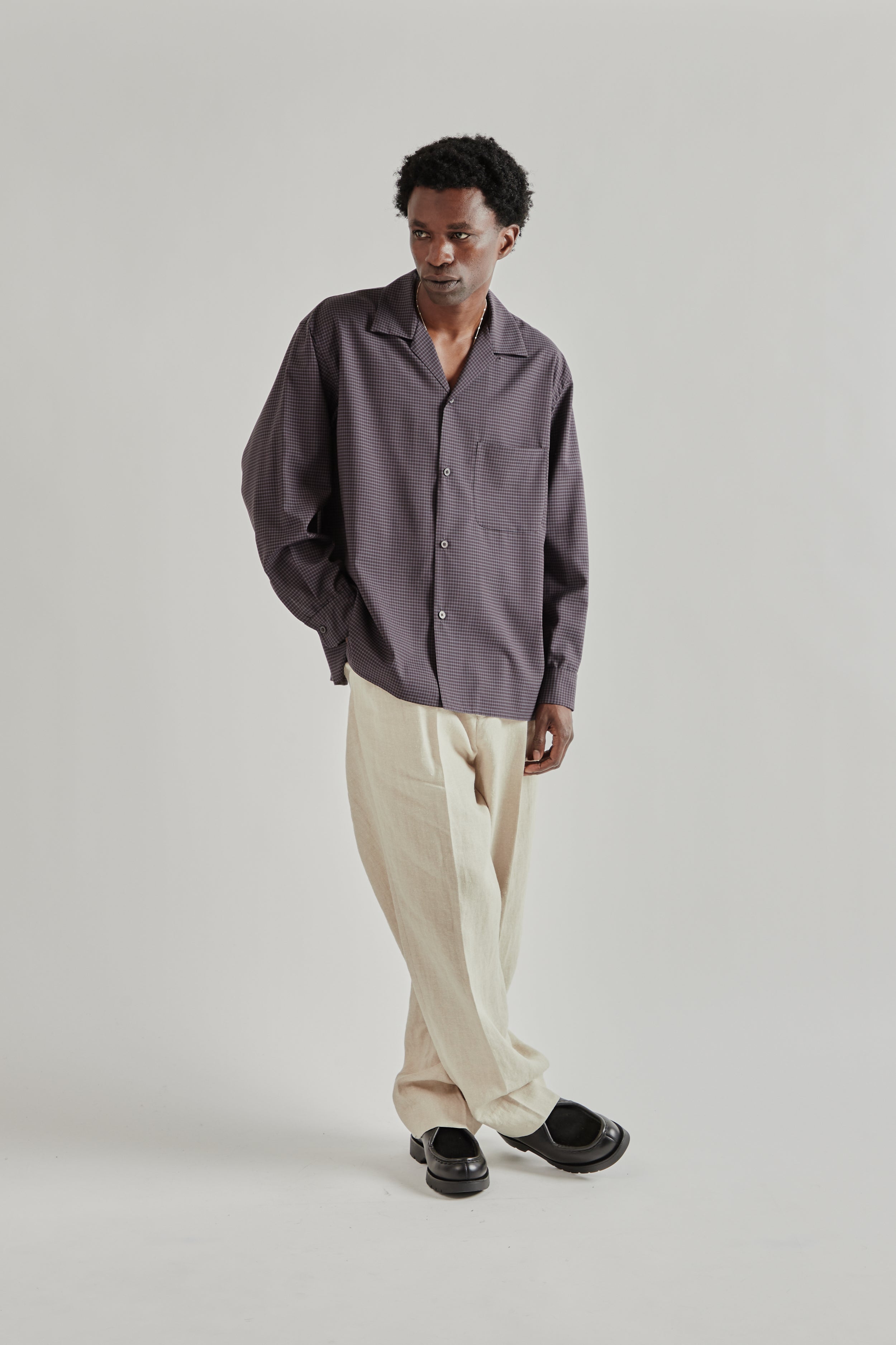 Kaptain Sunshine Summer Wool Open Collar Shirt - Brown Plaid