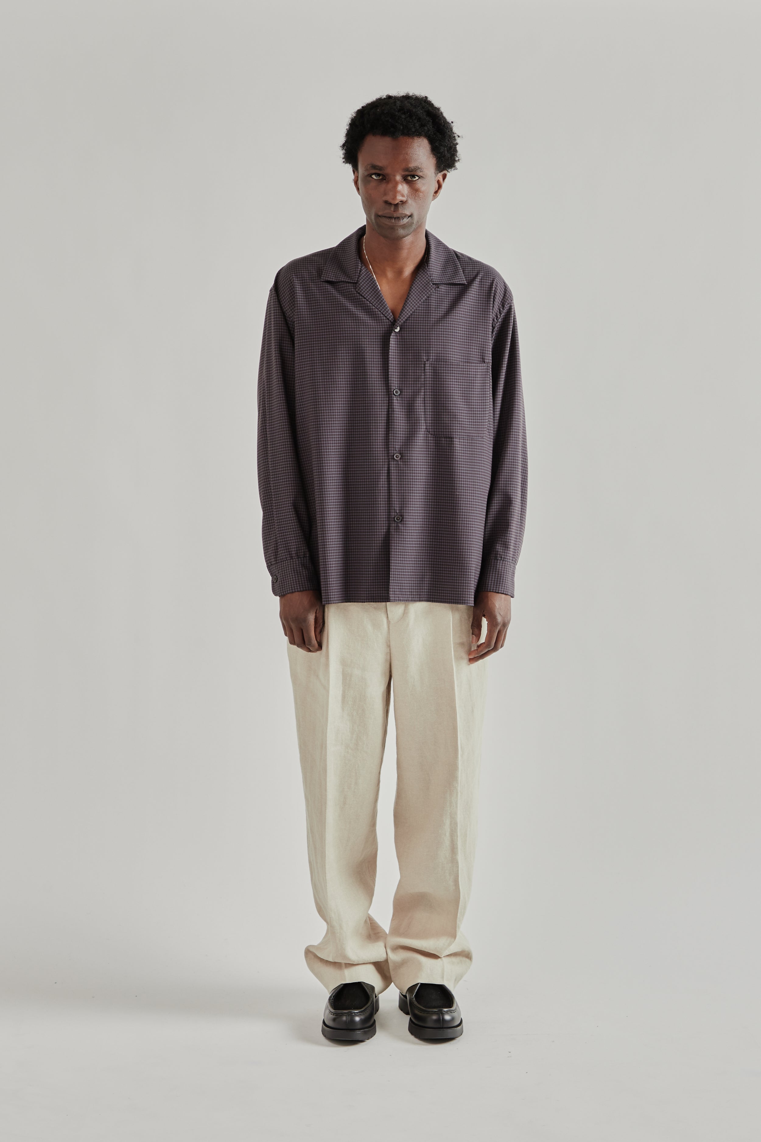 Kaptain Sunshine Summer Wool Open Collar Shirt - Brown Plaid