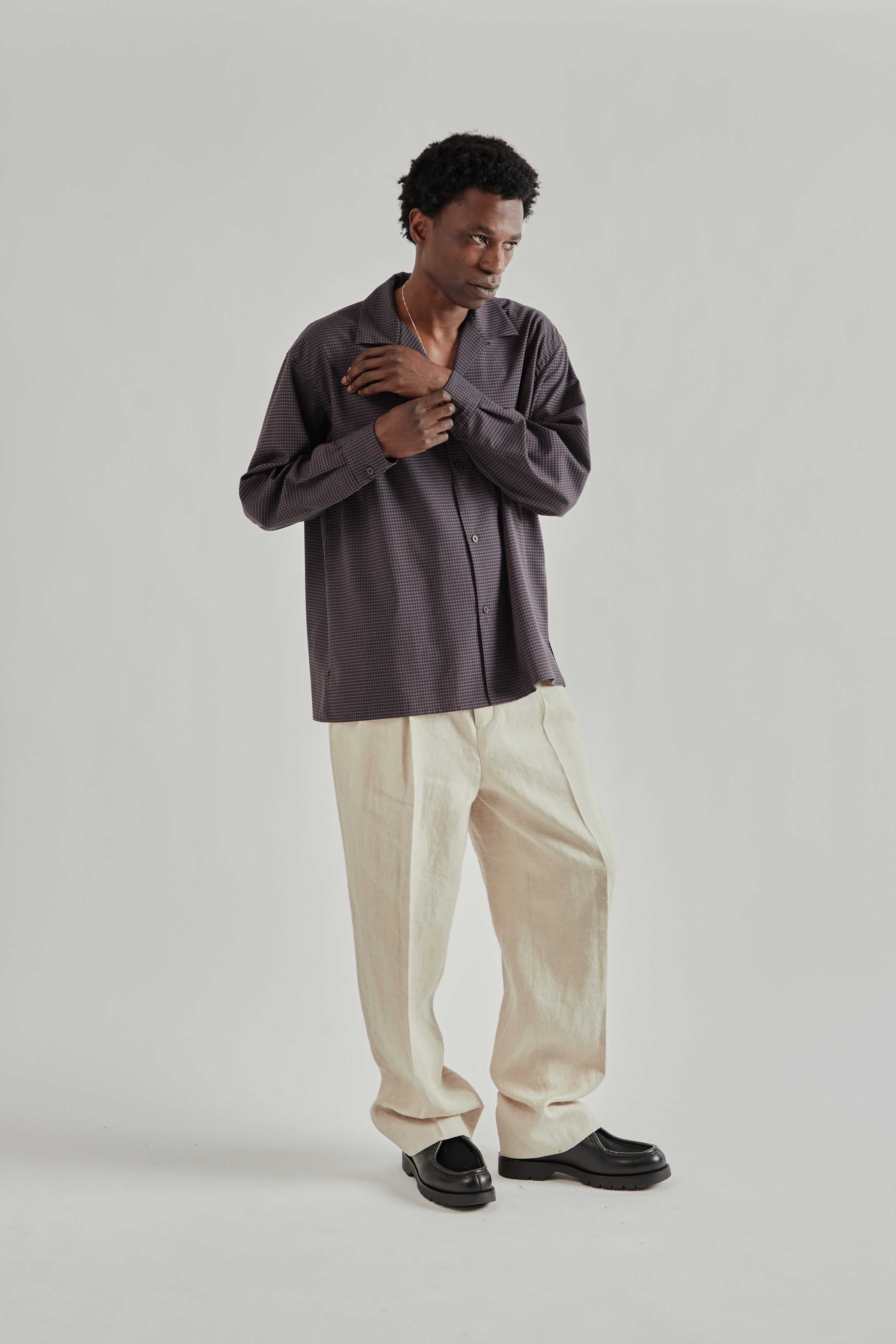 Kaptain Sunshine Summer Wool Open Collar Shirt - Brown Plaid
