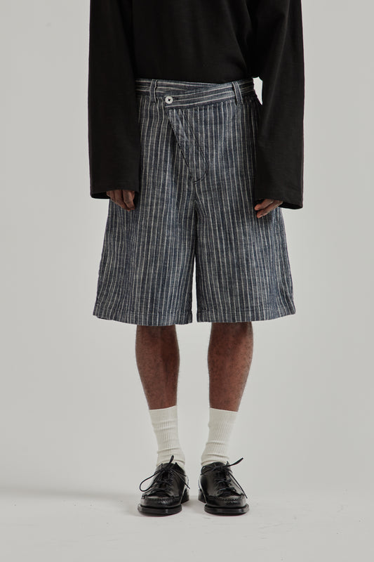 Non-Faded Denim Twist Wide Shorts - Indigo Navy