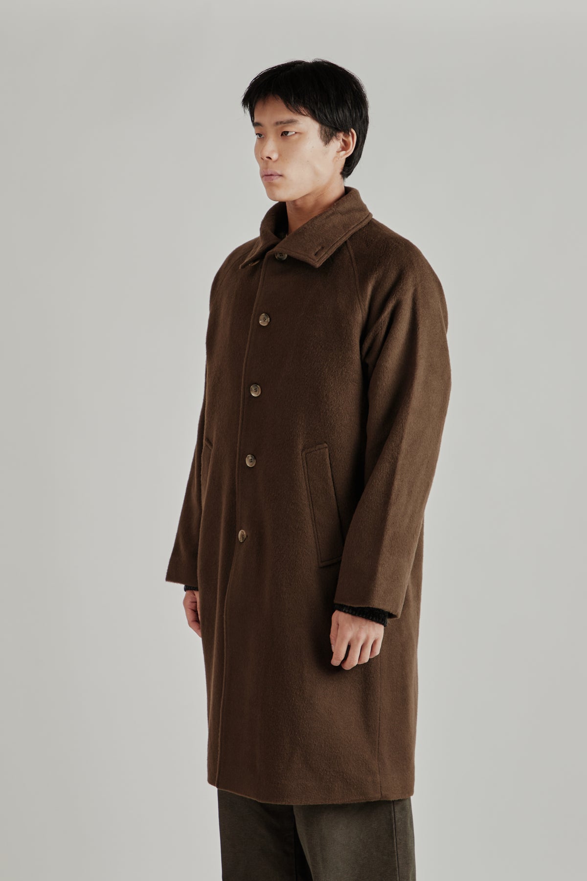 Merely Wool Flannel Raglan Coat - Smoked Olive