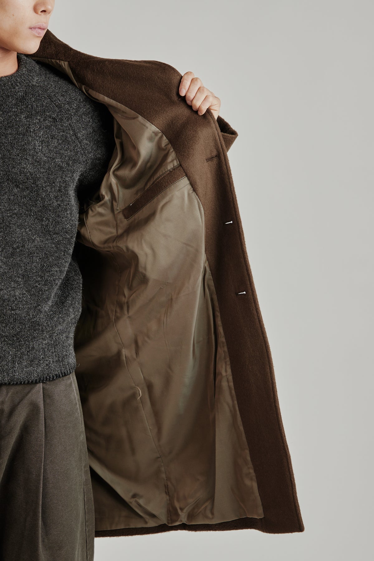 Merely Wool Flannel Raglan Coat - Smoked Olive