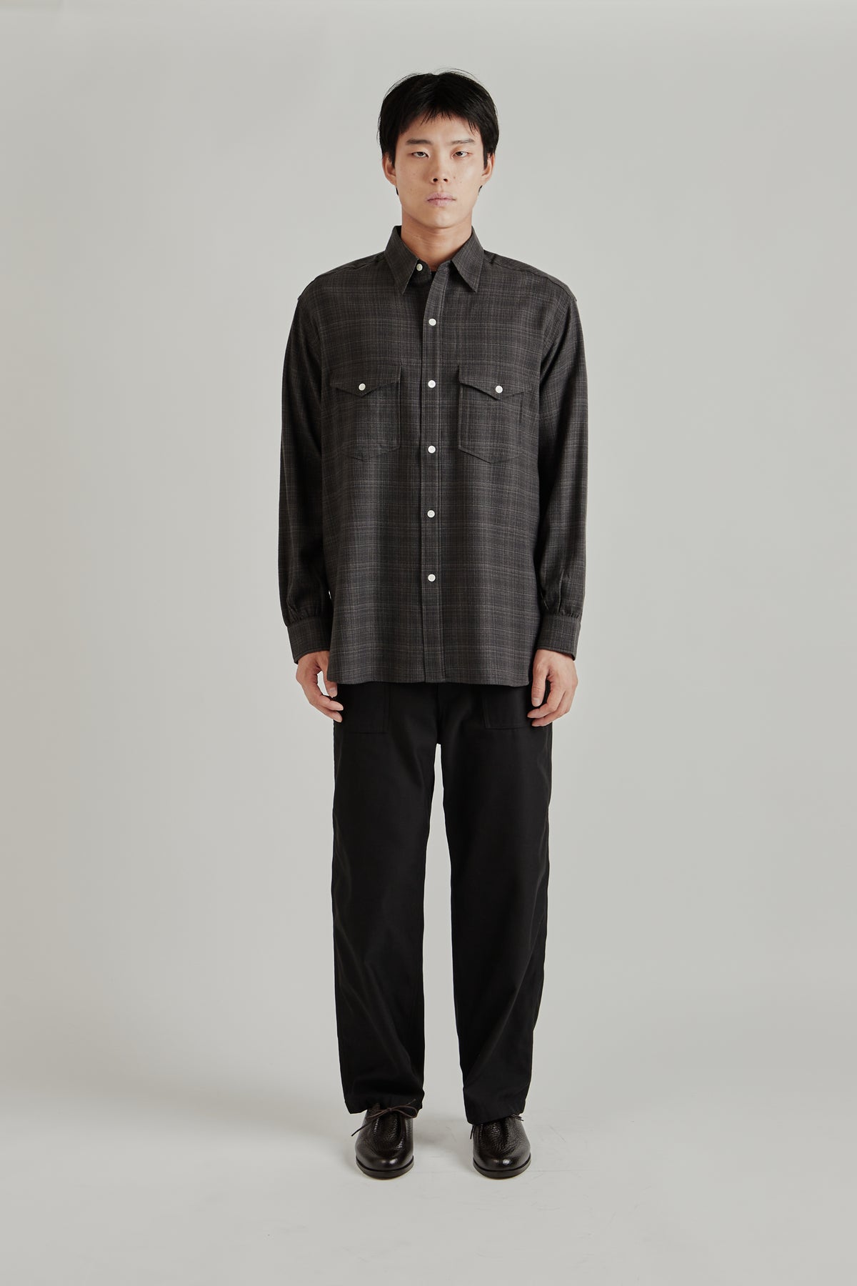 Regular Collar Wool Plaid Shirt - Charcoal
