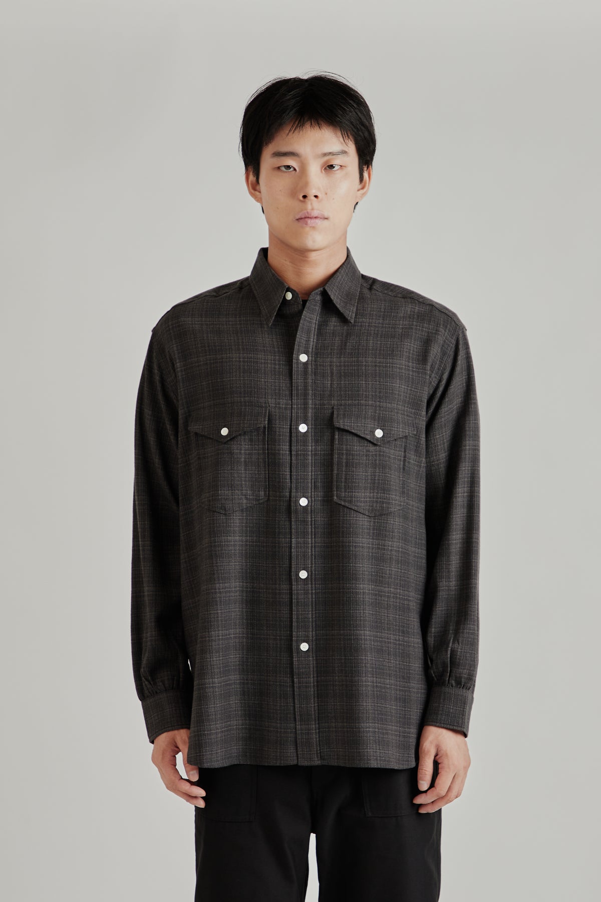 Regular Collar Wool Plaid Shirt - Charcoal