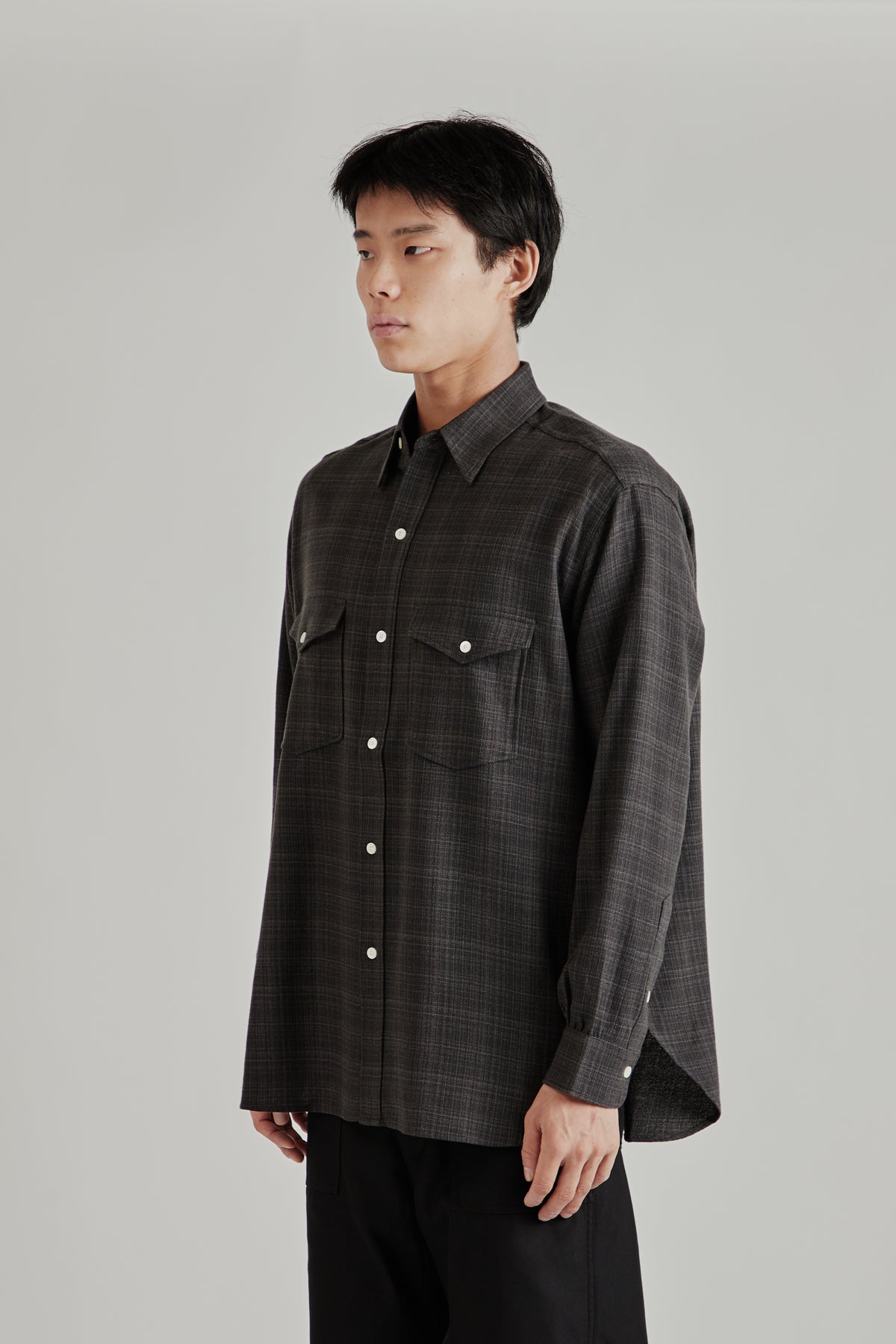 Regular Collar Wool Plaid Shirt - Charcoal