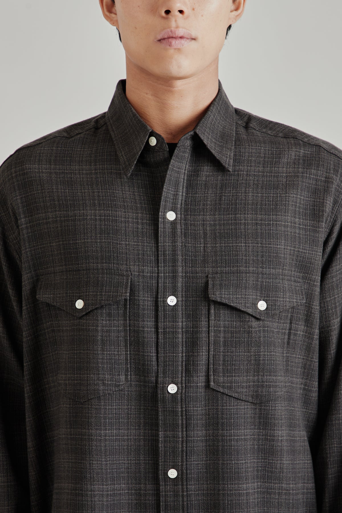 Regular Collar Wool Plaid Shirt - Charcoal