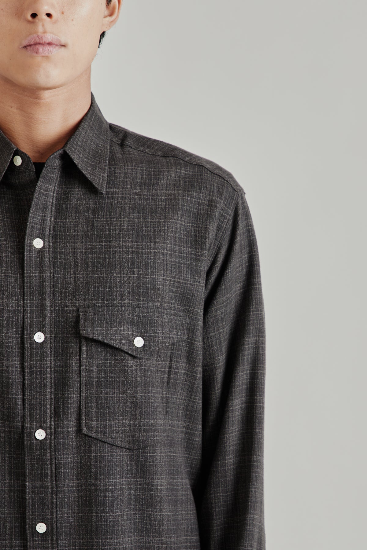 Regular Collar Wool Plaid Shirt - Charcoal