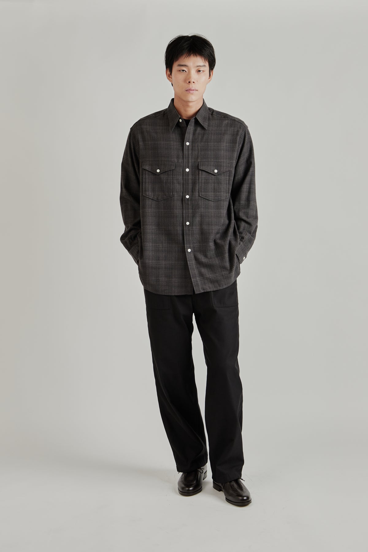 Regular Collar Wool Plaid Shirt - Charcoal